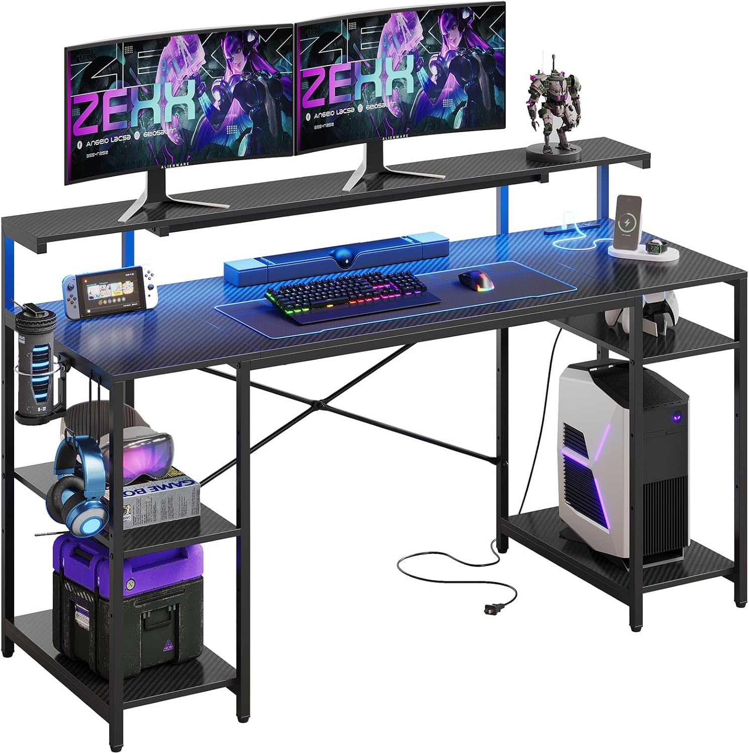 Bestier ゲーミングデスク コンセント付き Type-Cポート付きパソコンデスク LEDライト・モニター台付き 収納ラック付き
