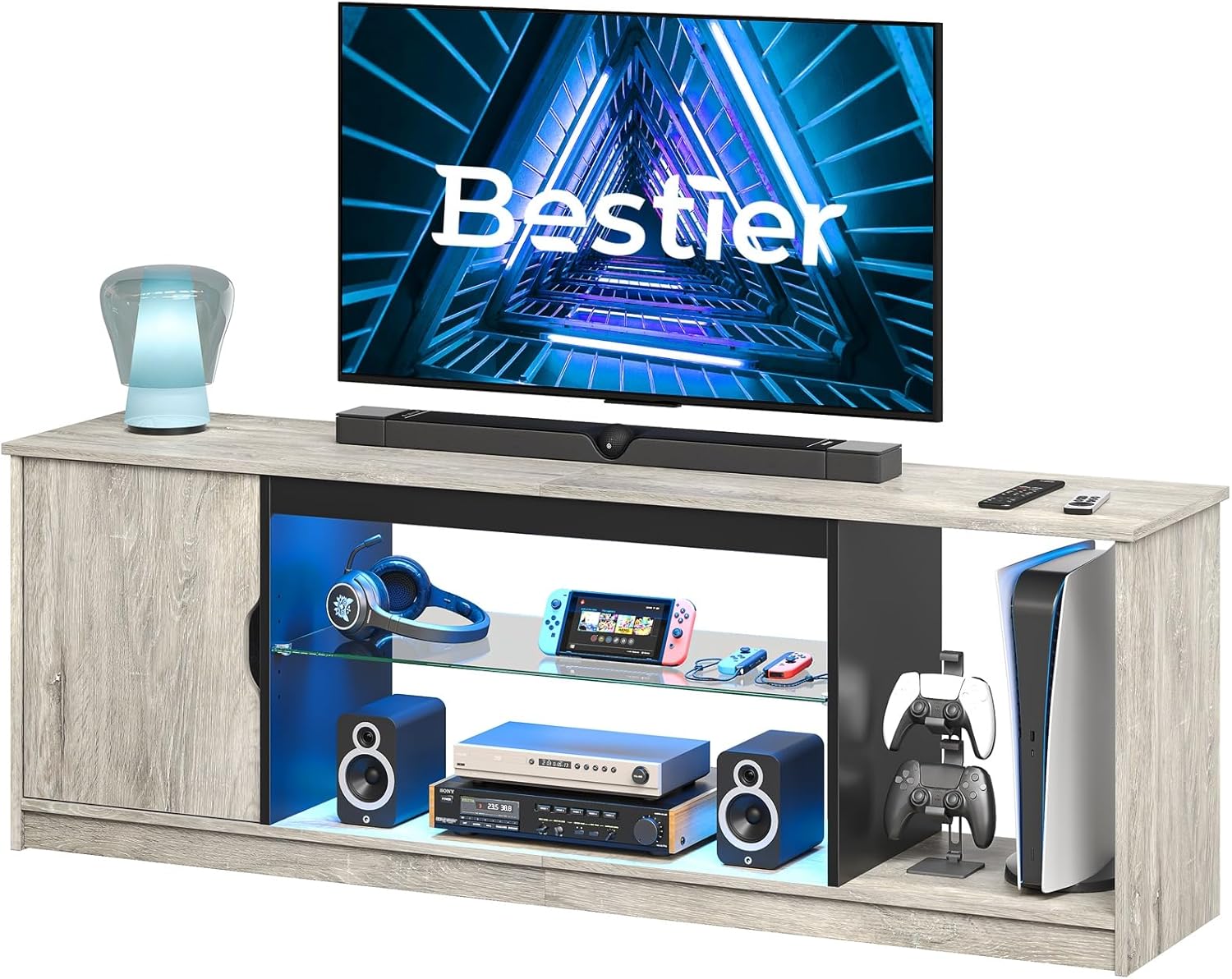 Bestier テレビ台 テレビボード PS5ゲーム機収納対応  32-65型対応のテレビラック AV機器対応 ガラス収納棚付き 扉付き