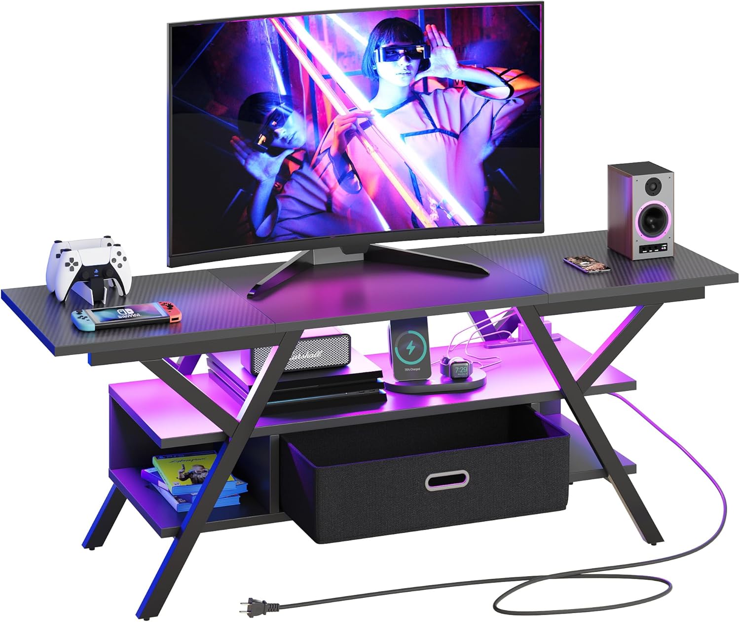 Bestier テレビ台 ２口コンセント付きテレビボード スタンド 32~65型対応 カーボン調 ローボード 耐荷重103kg ロータイプ