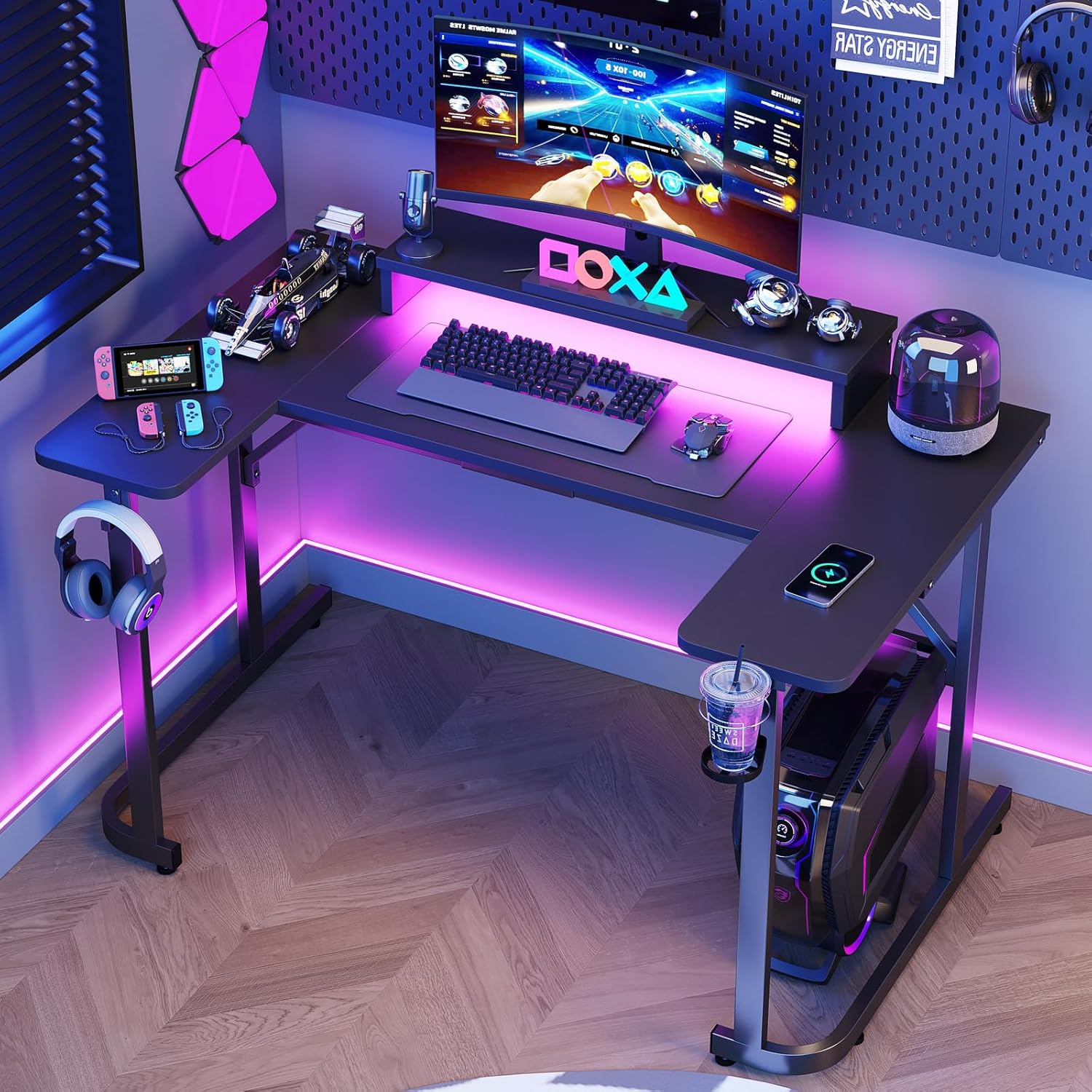 Bestier ゲーミングデスク ゲーミングテーブル LEDライト付き 頑丈なフレーム 安定 U型 モニター台付き プロゲーマー向け