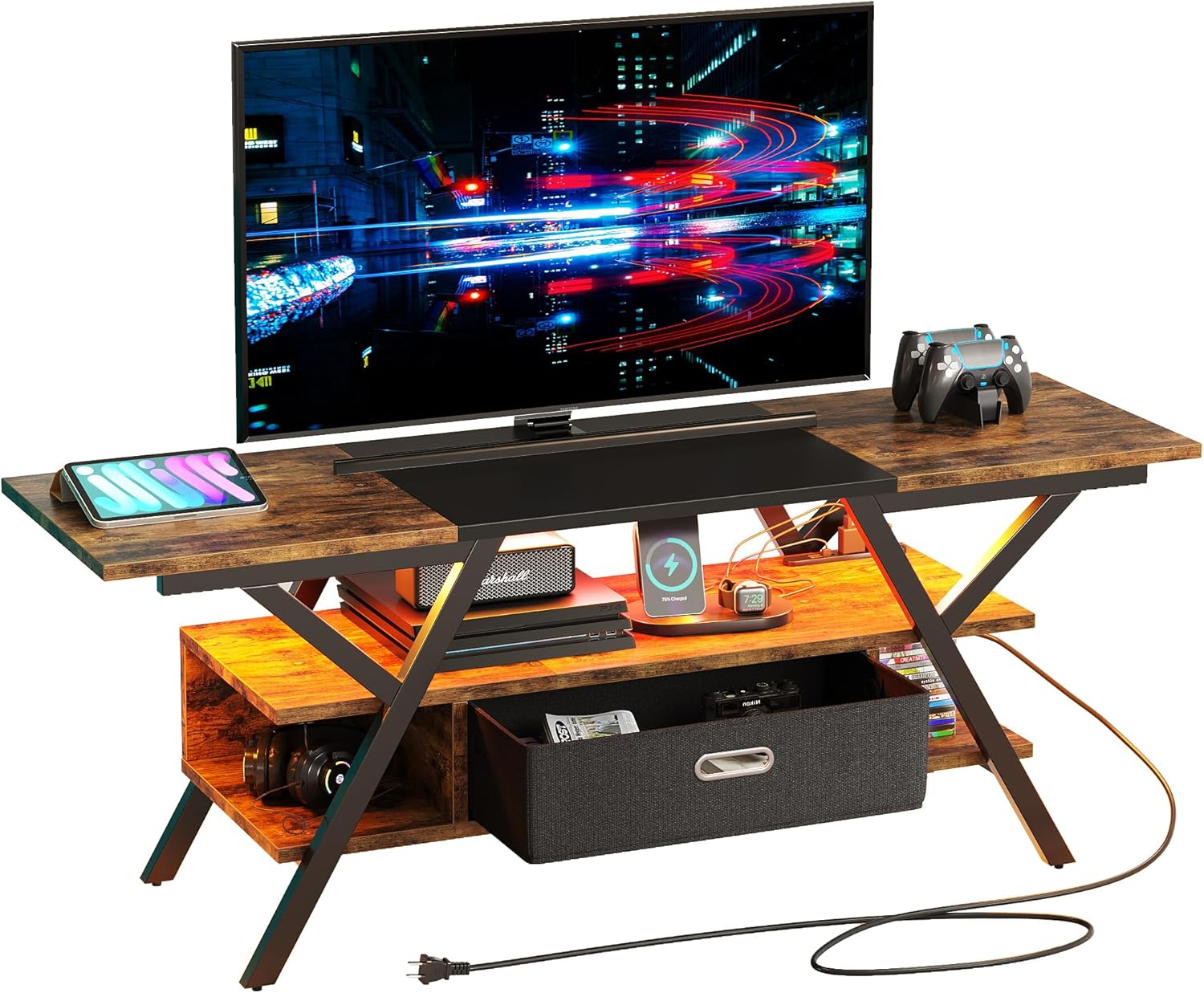Bestier テレビ台 ２口コンセント付きテレビボード スタンド 32~65型対応 カーボン調 ローボード 耐荷重103kg ロータイプ