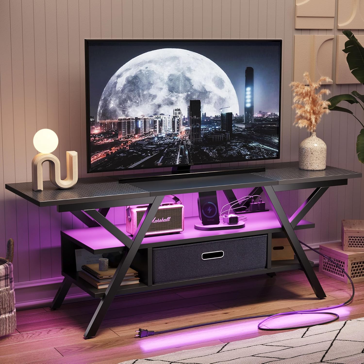 Bestier テレビ台 ２口コンセント付きテレビボード スタンド 32~65型対応 カーボン調 ローボード 耐荷重103kg ロータイプ