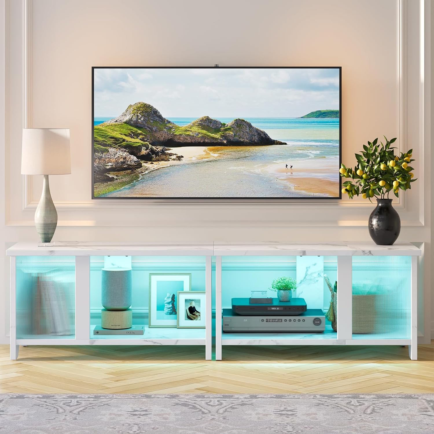 Pinmoco テレビ台 テレビボード 32/40/50/55型対応tv台 木目調テレビラック 大容量収納棚 LEDライト ローボード