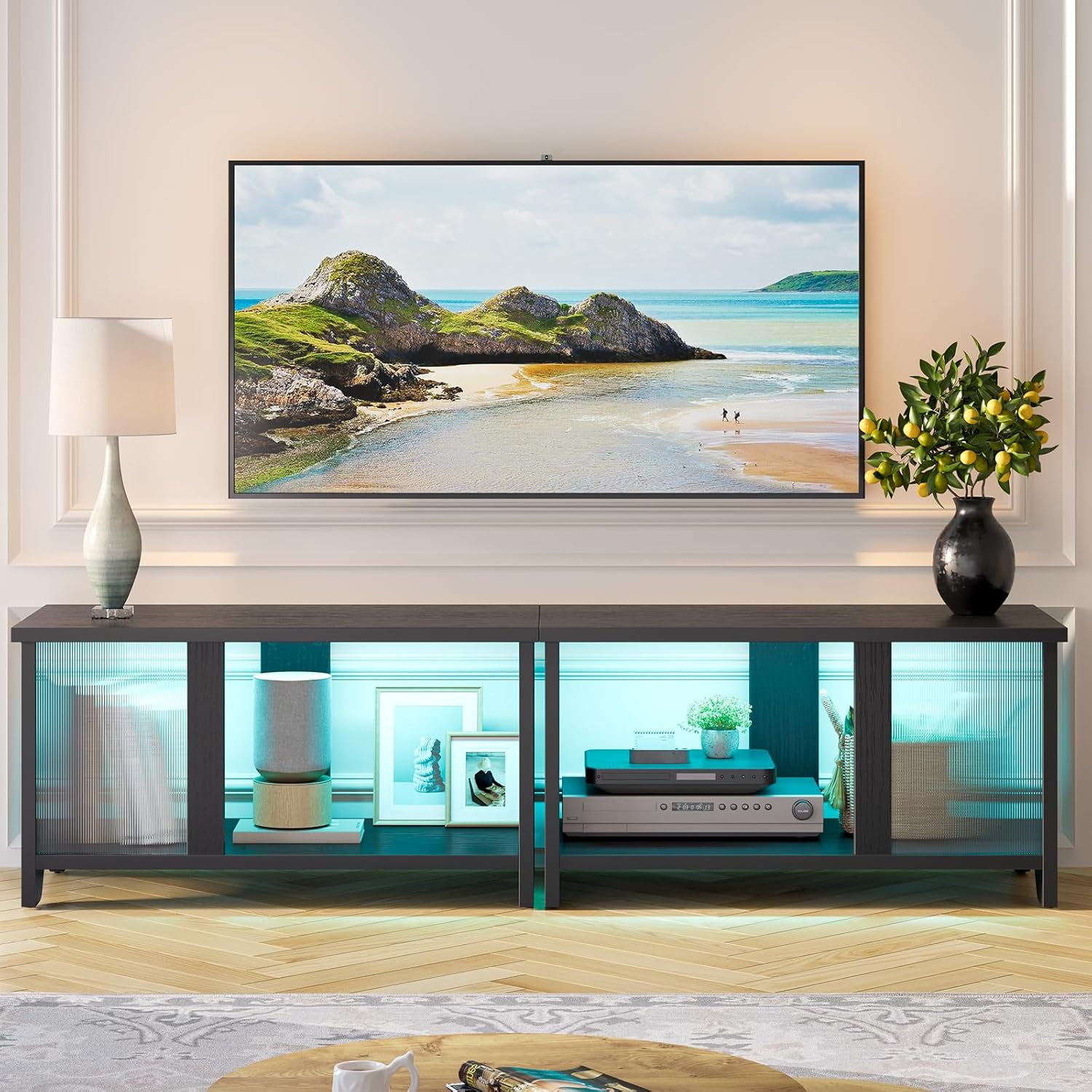 Pinmoco テレビ台 テレビボード 32/40/50/55型対応tv台 木目調テレビラック 大容量収納棚 LEDライト ローボード