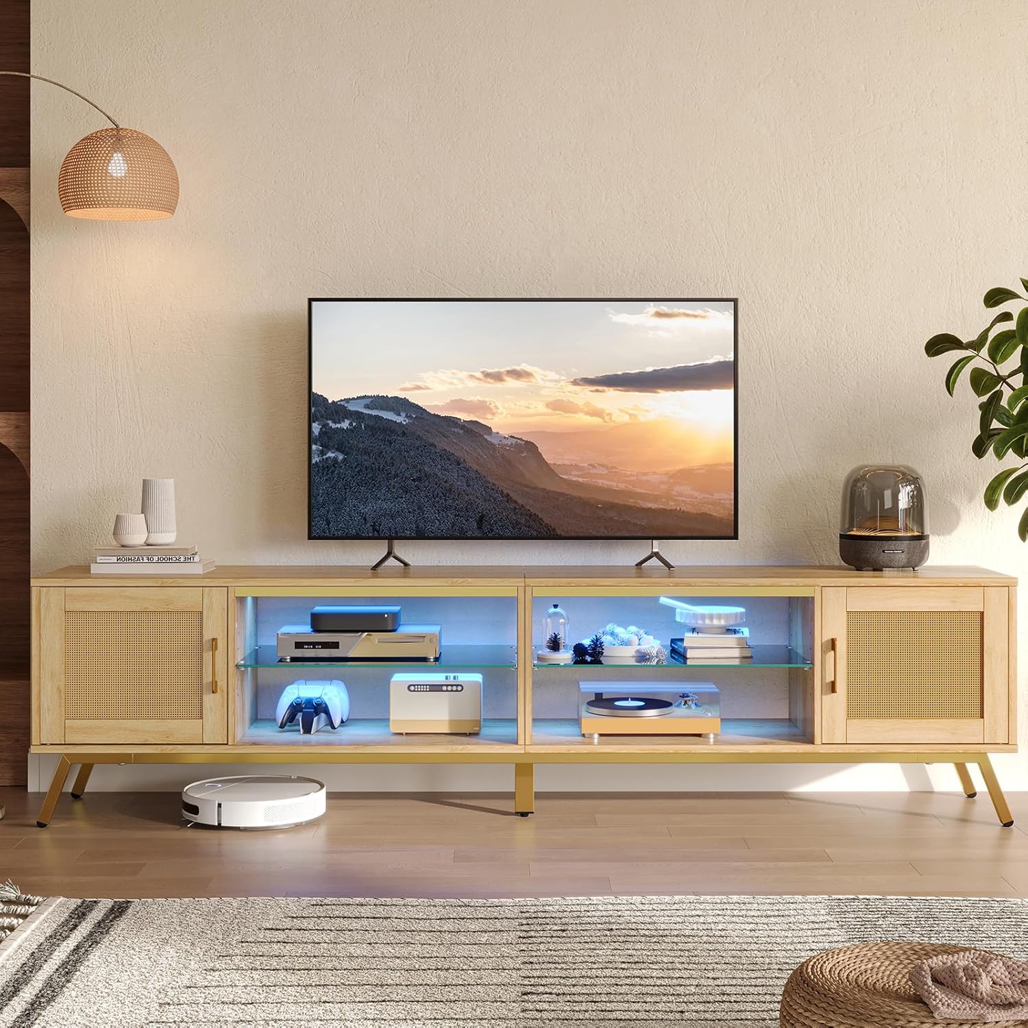 Bestier テレビ台 テレビボード tv台 55/65/75/85型対応 ラタン調扉収納 ローボード ロータイプ 収納棚付き ライト付き