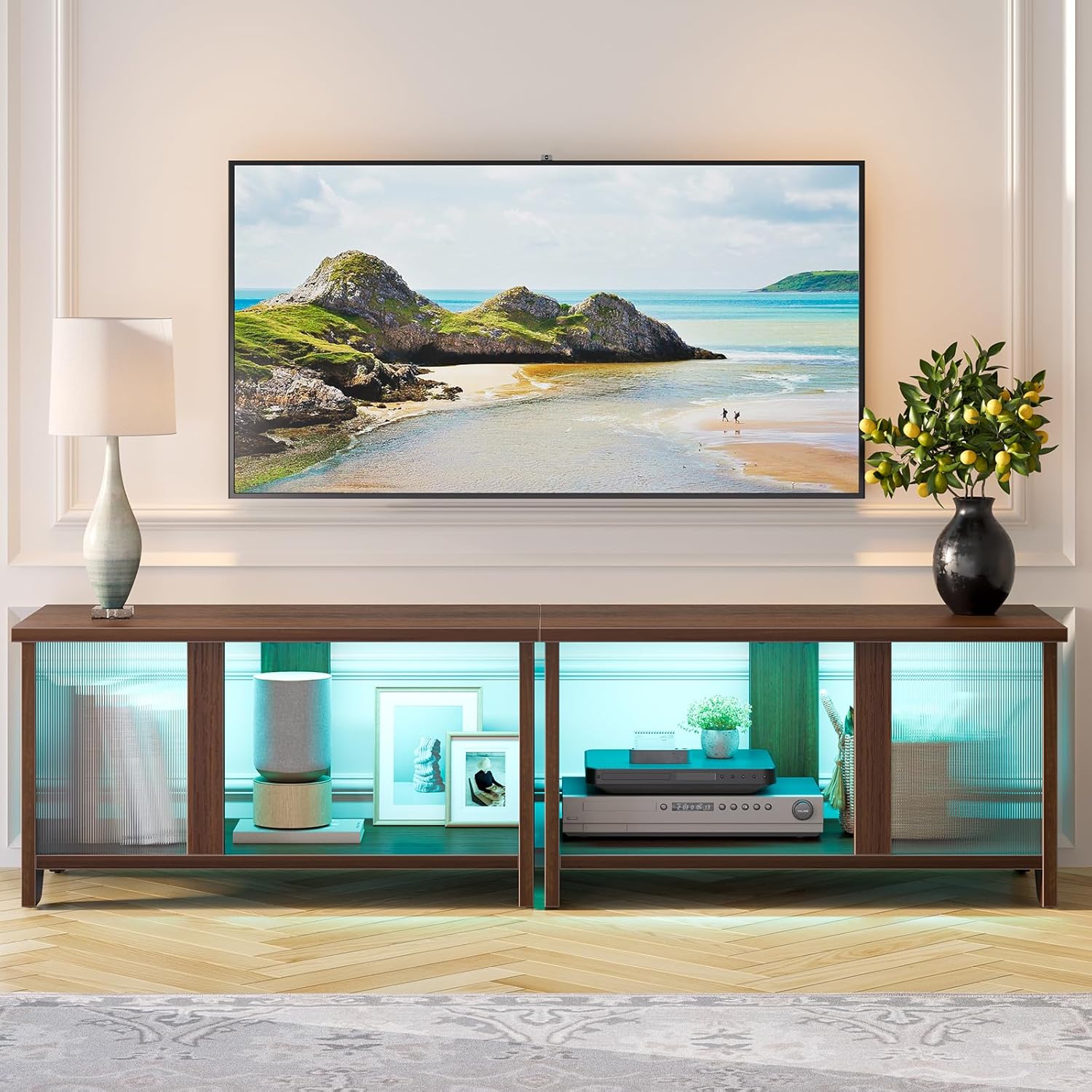 Pinmoco テレビ台 テレビボード 32/40/50/55型対応tv台 木目調テレビラック 大容量収納棚 LEDライト ローボード