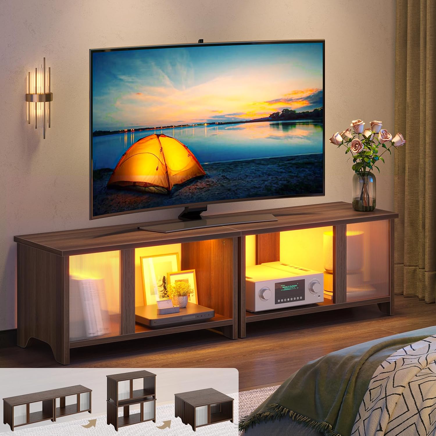 Pinmoco テレビ台 テレビボード 32/40/50/55型対応tv台 木目調テレビラック 大容量収納棚 LEDライト ローボード
