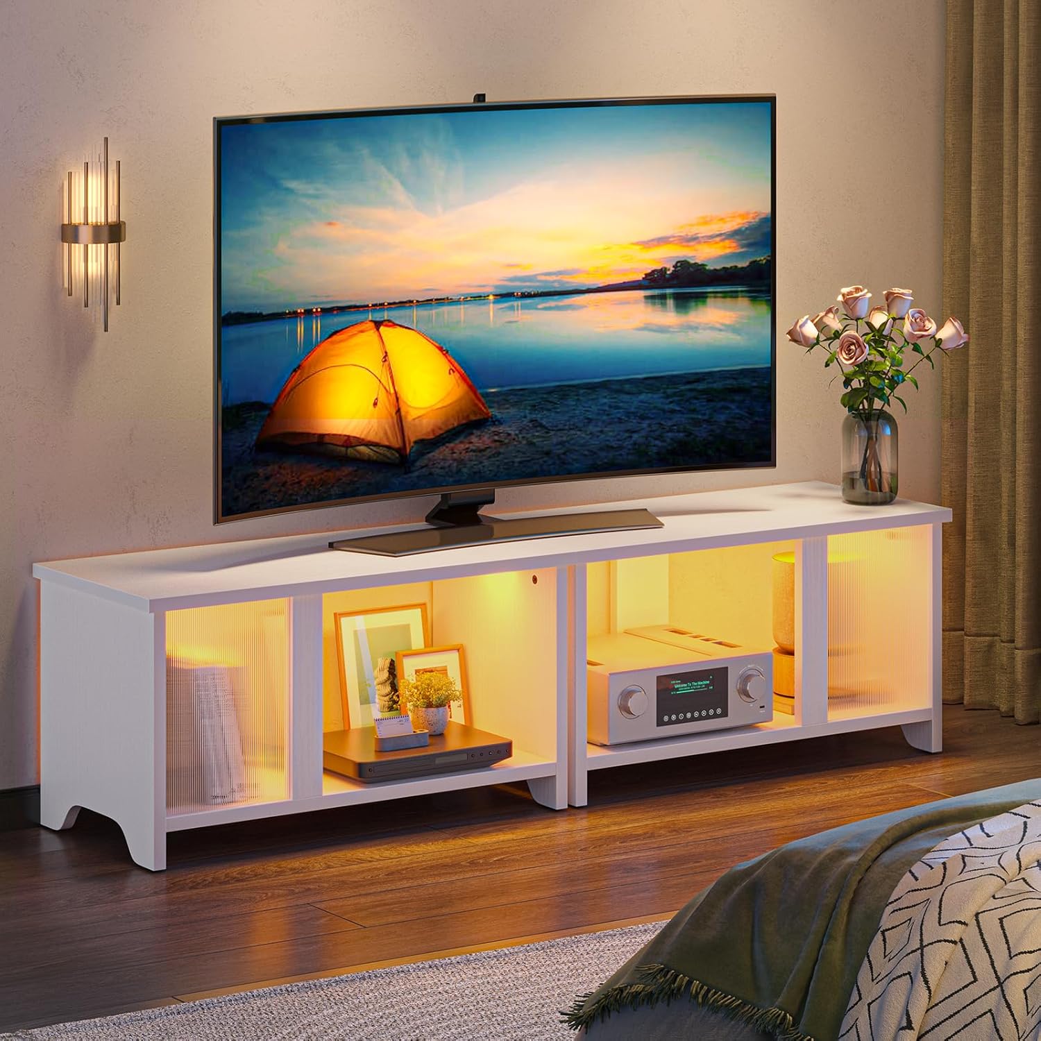 Pinmoco テレビ台 テレビボード 32/40/50/55型対応tv台 木目調テレビラック 大容量収納棚 LEDライト ローボード