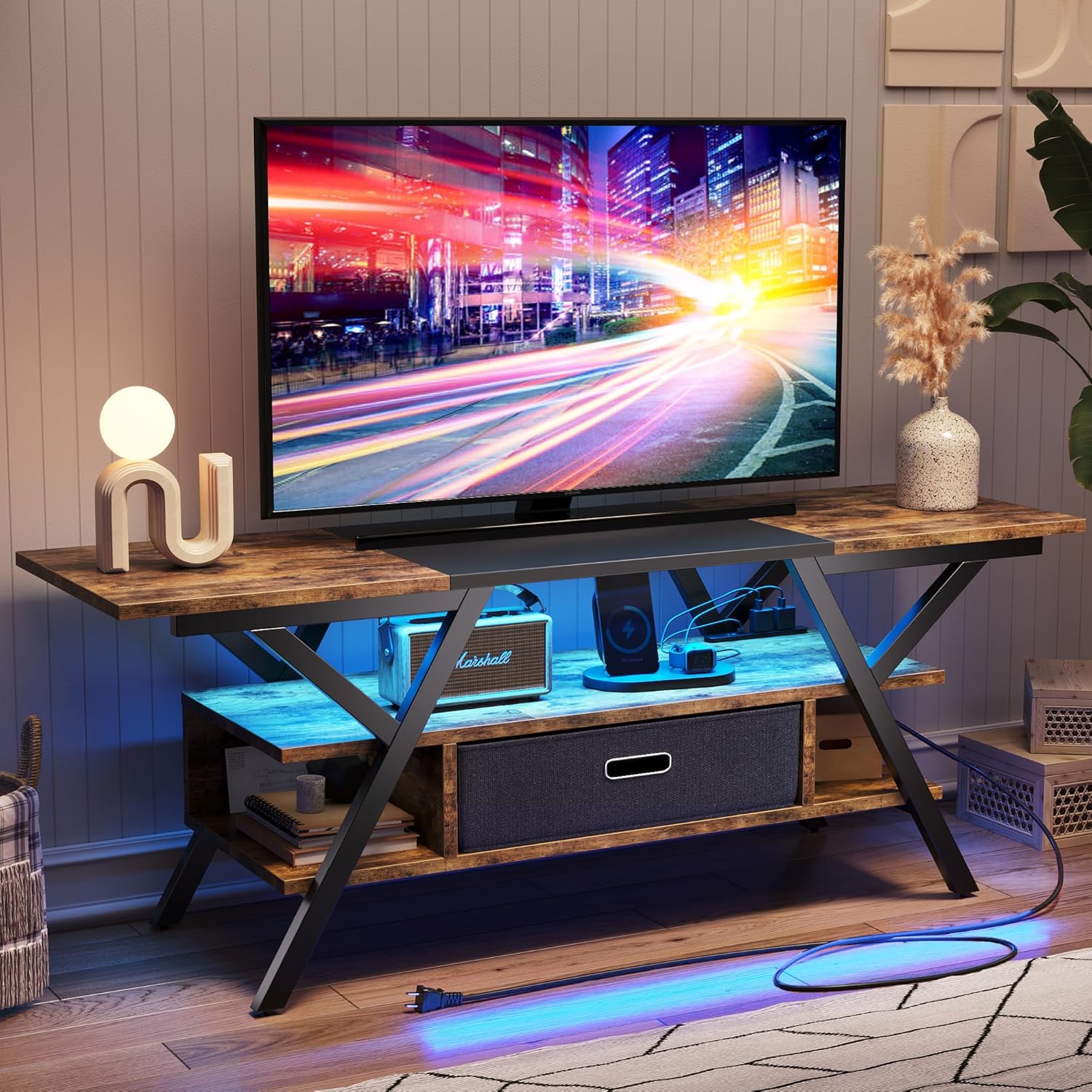 Bestier テレビ台 ２口コンセント付きテレビボード スタンド 32~65型対応 カーボン調 ローボード 耐荷重103kg ロータイプ