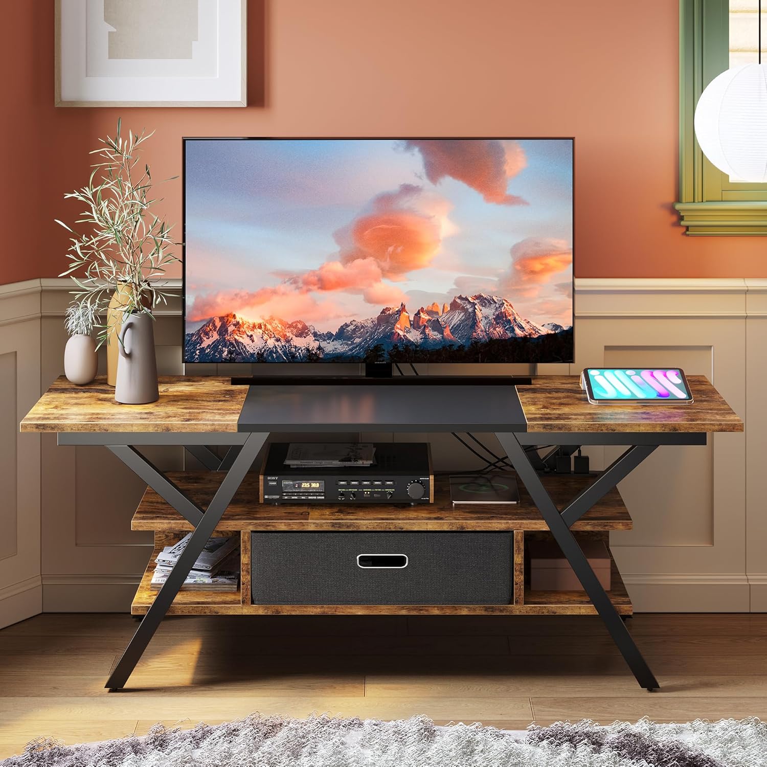 Bestier テレビ台 ２口コンセント付きテレビボード スタンド 32~65型対応 カーボン調 ローボード 耐荷重103kg ロータイプ
