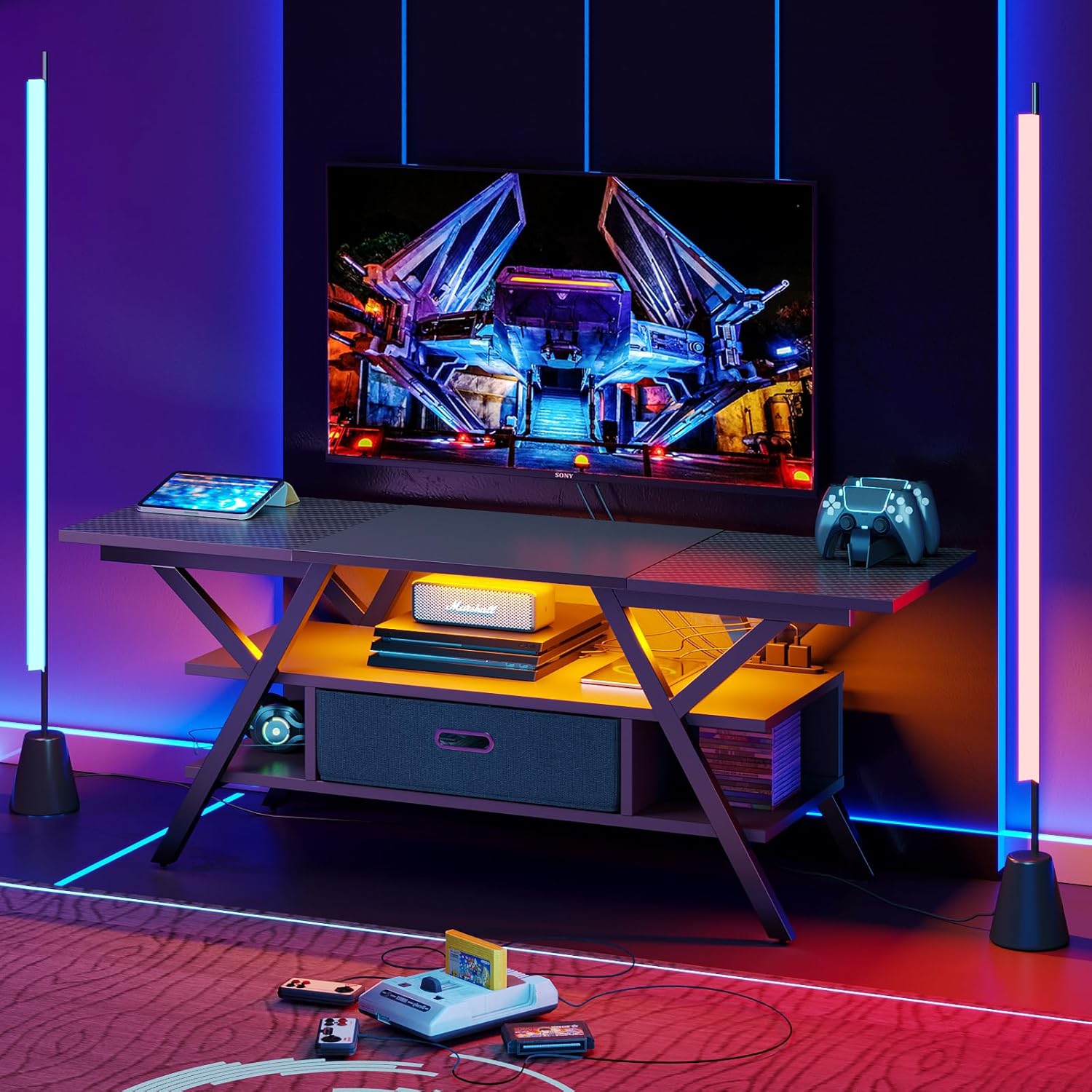 Bestier テレビ台 ２口コンセント付きテレビボード スタンド 32~65型対応 カーボン調 ローボード 耐荷重103kg ロータイプ