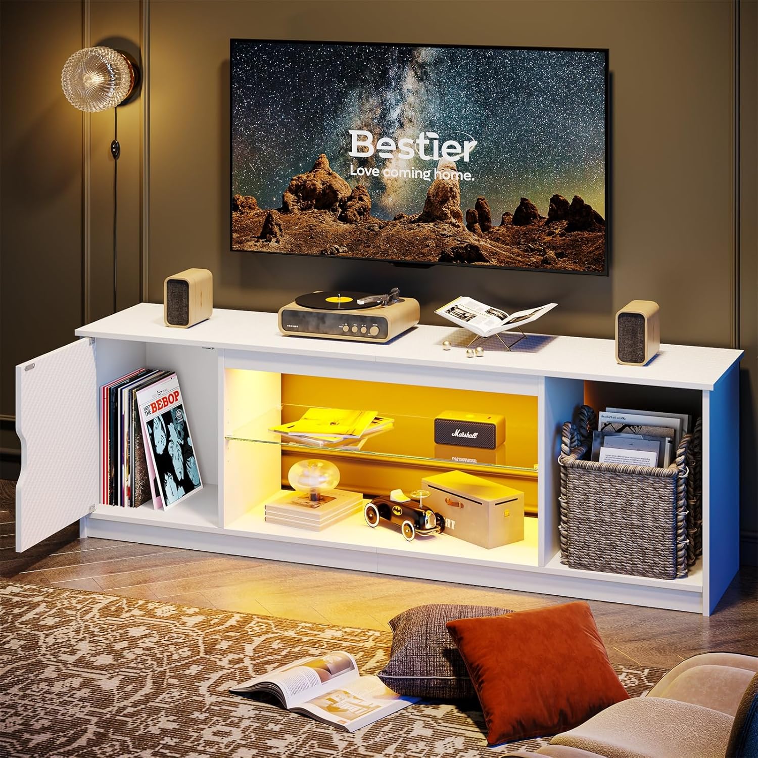Bestier テレビ台 テレビボード PS5ゲーム機収納対応  32-65型対応のテレビラック AV機器対応 ガラス収納棚付き 扉付き