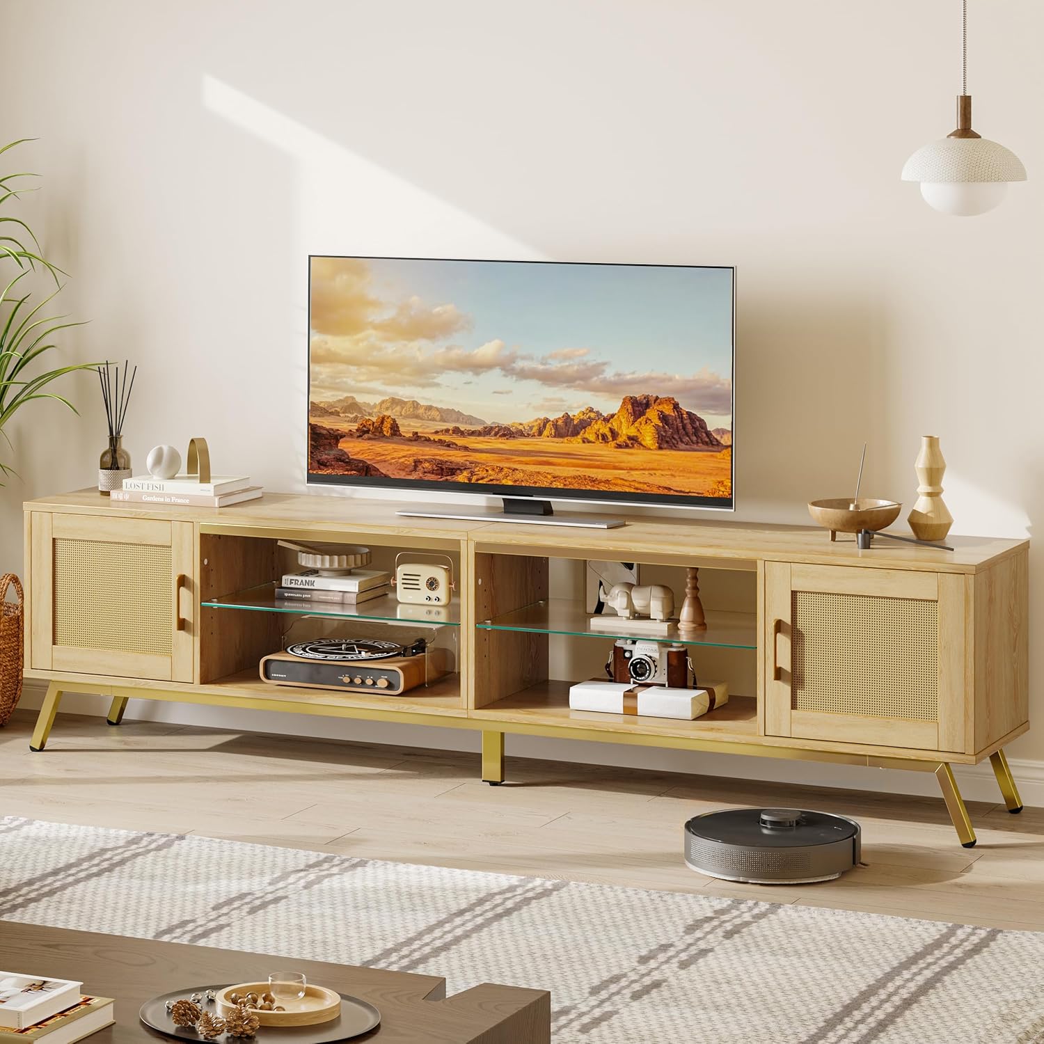 Bestier テレビ台 テレビボード tv台 55/65/75/85型対応 ラタン調扉収納 ローボード ロータイプ 収納棚付き ライト付き