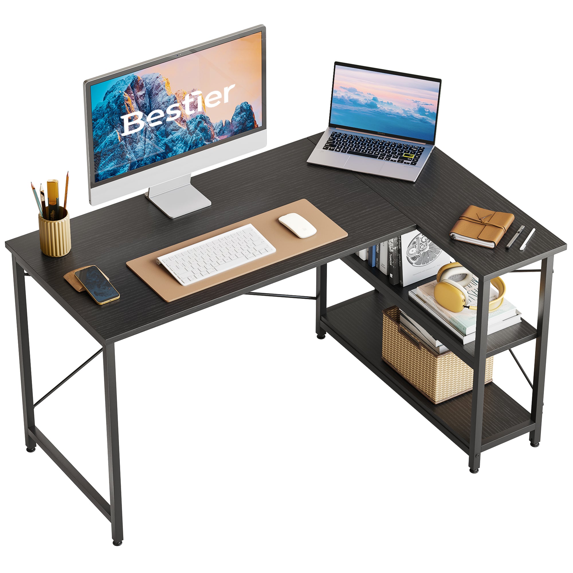 Bestier ゲーミングデスク l字デスク  pcデスク L字型 収納ラック付き ゲームデスク ゲーミング机 つくえ 在宅勤務 組立簡単