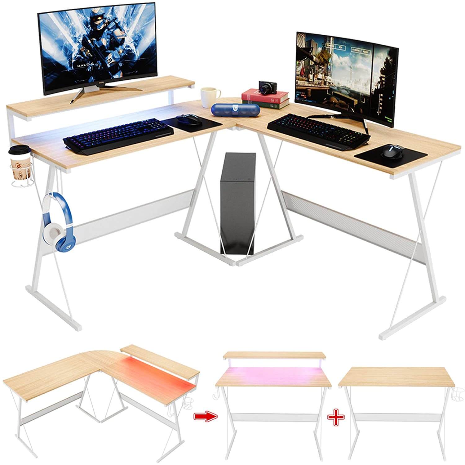 L-Shaped Gaming Desk with RGB LED Light Strip Desk Bestier 