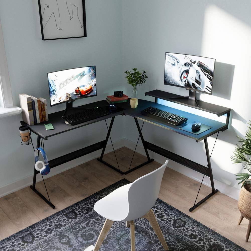 L-Shaped Gaming Desk with RGB LED Light Strip Desk Bestier 