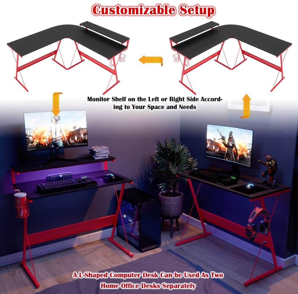 L-Shaped Gaming Desk with RGB LED Light Strip Desk Bestier 